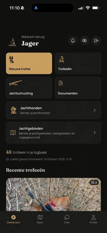 Waidbook-app: Hoofdpagina (voorbeeldscherm met geanonimiseerde gegevens)