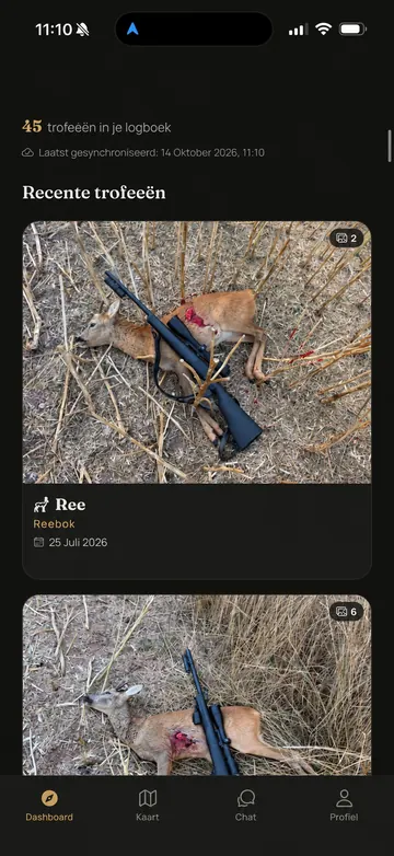 Waidbook-app: Recente trofeeën (voorbeeldscherm met geanonimiseerde gegevens)