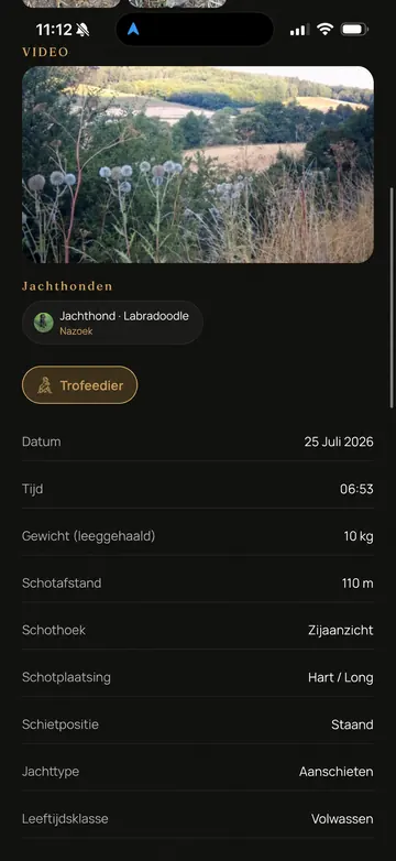 Waidbook-app: Trofeedetails (voorbeeldscherm met geanonimiseerde gegevens)