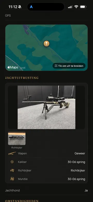 Waidbook-app: Locatie en uitrusting (voorbeeldscherm met geanonimiseerde gegevens)