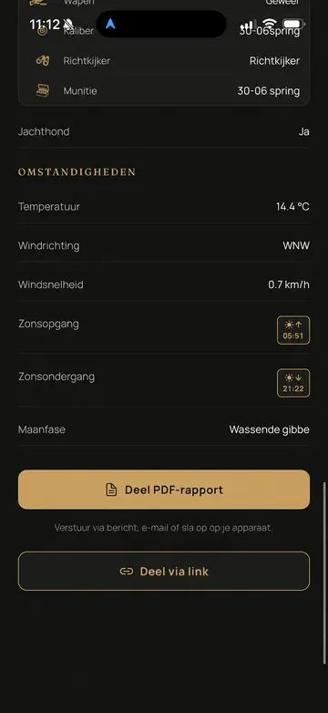 Waidbook-app: Omstandigheden en delen (voorbeeldscherm met geanonimiseerde gegevens)