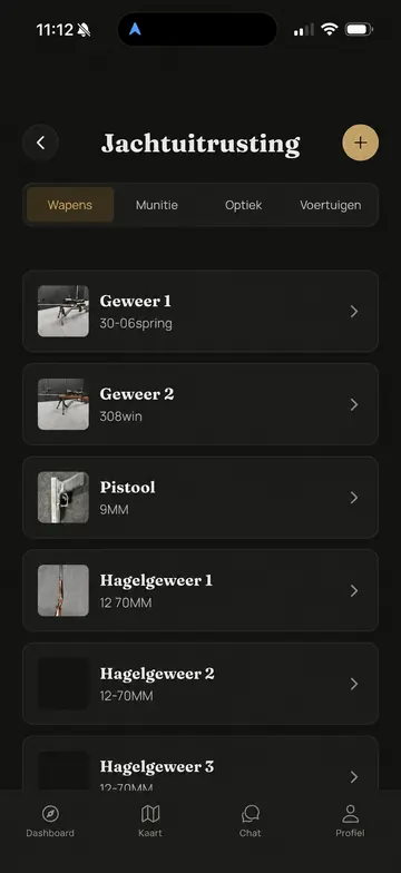 Waidbook-app: Wapens (voorbeeldscherm met geanonimiseerde gegevens)