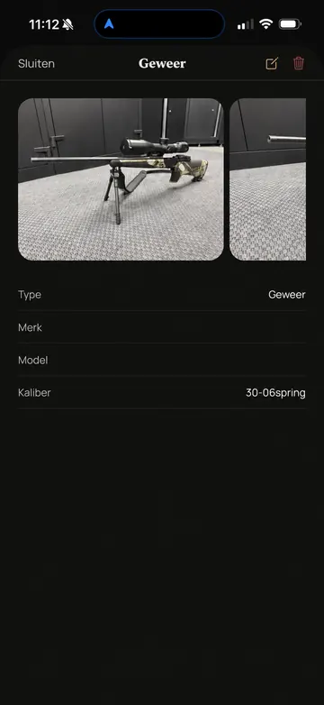 Waidbook-app: Geweer (voorbeeldscherm met geanonimiseerde gegevens)