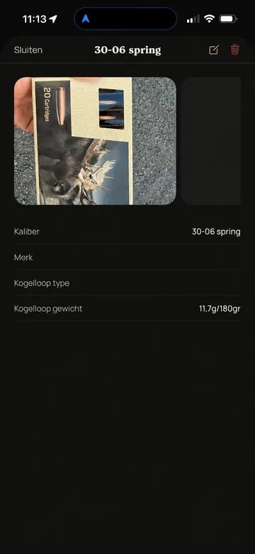 Waidbook-app: Munitiedetails (voorbeeldscherm met geanonimiseerde gegevens)
