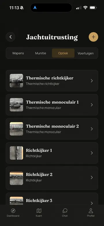 Waidbook-app: Optiek (voorbeeldscherm met geanonimiseerde gegevens)