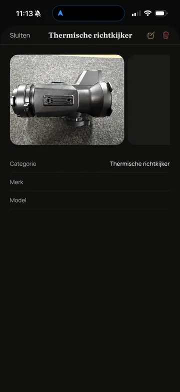 Waidbook-app: Thermische richtkijker (voorbeeldscherm met geanonimiseerde gegevens)