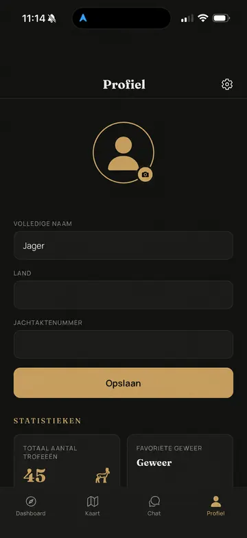 Waidbook-app: Profiel (voorbeeldscherm met geanonimiseerde gegevens)