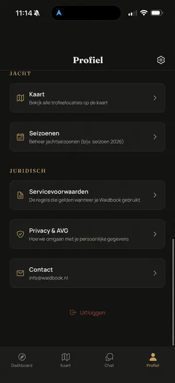 Waidbook-app: Profielmenu (voorbeeldscherm met geanonimiseerde gegevens)