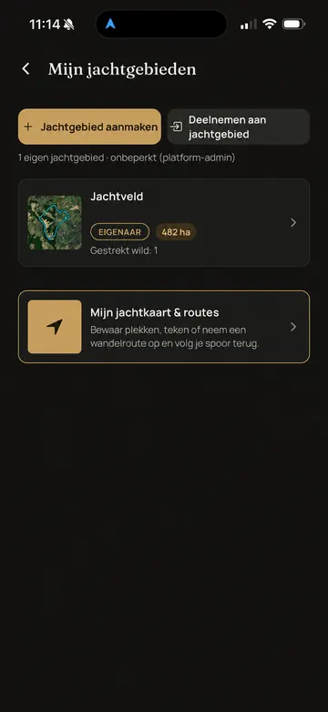 Waidbook-app: Mijn jachtgebieden (voorbeeldscherm met geanonimiseerde gegevens)