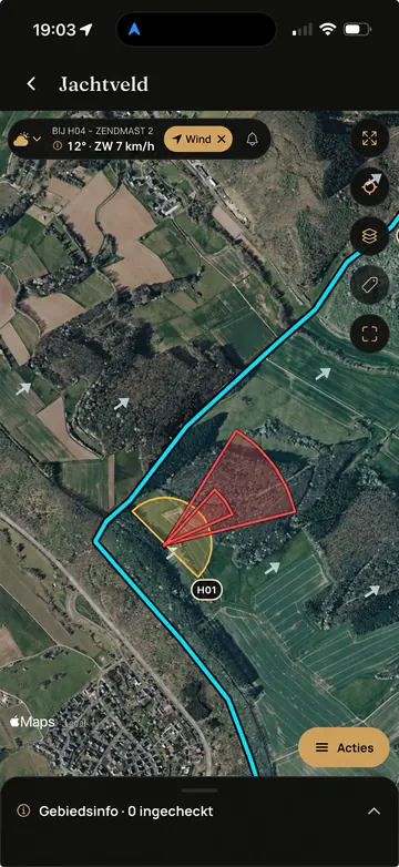 Waidbook-app: Wind en sectoren (voorbeeldscherm met geanonimiseerde gegevens)