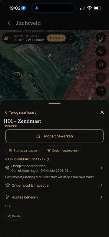 Waidbook-app: Hoogzitbeheer (voorbeeldscherm met geanonimiseerde gegevens)