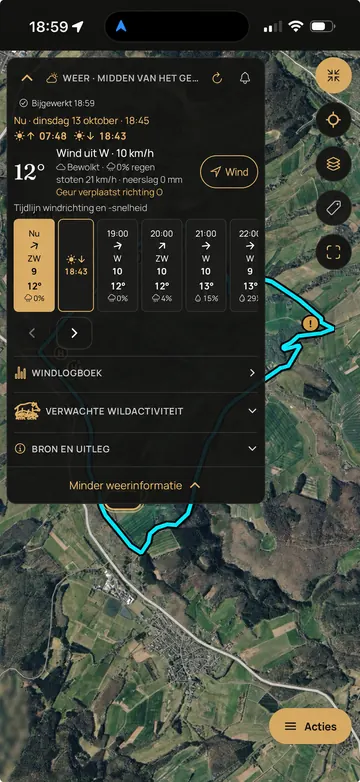 Waidbook-app: Uitgebreid weer (voorbeeldscherm met geanonimiseerde gegevens)