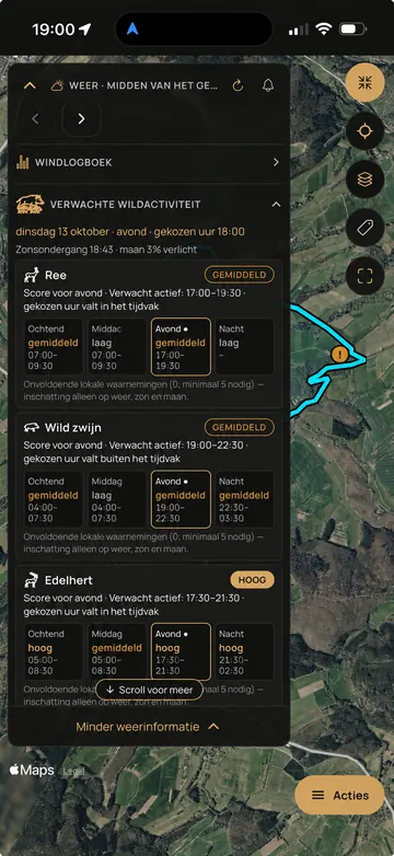 Waidbook-app: Wildactiviteit (voorbeeldscherm met geanonimiseerde gegevens)