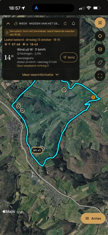 Waidbook-app: Weerpaneel (voorbeeldscherm met geanonimiseerde gegevens)