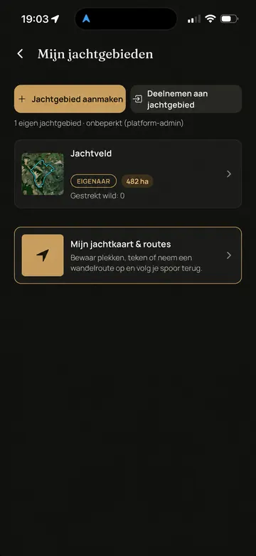 Waidbook-app: Gebiedenoverzicht (voorbeeldscherm met geanonimiseerde gegevens)