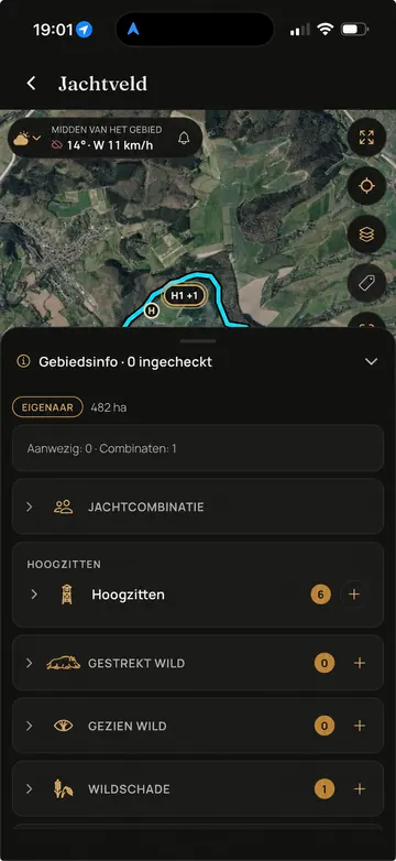Waidbook-app: Gebiedsinfo (voorbeeldscherm met geanonimiseerde gegevens)