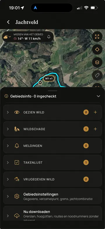 Waidbook-app: Gebiedsmenu (voorbeeldscherm met geanonimiseerde gegevens)
