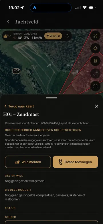 Waidbook-app: Hoogzitsectoren (voorbeeldscherm met geanonimiseerde gegevens)