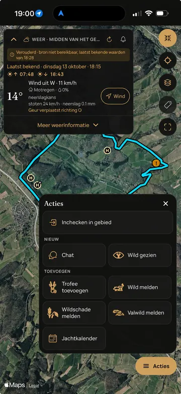 Waidbook-app: Acties (voorbeeldscherm met geanonimiseerde gegevens)