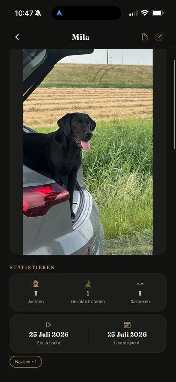 Waidbook-app: Jachthond en statistieken (voorbeeldscherm met geanonimiseerde gegevens)