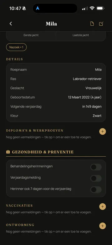 Waidbook-app: Hondendetails (voorbeeldscherm met geanonimiseerde gegevens)