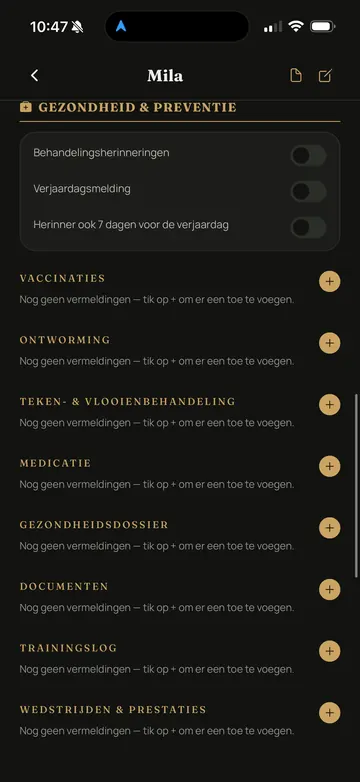 Waidbook-app: Gezondheid en preventie (voorbeeldscherm met geanonimiseerde gegevens)