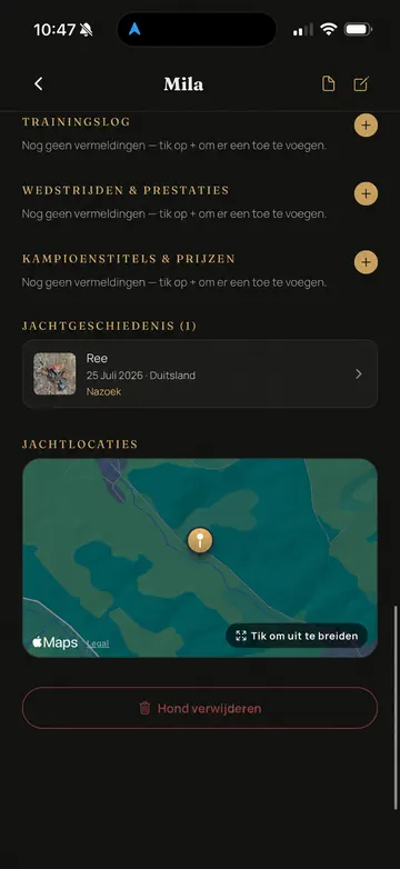 Waidbook-app: Jachtgeschiedenis en locaties (voorbeeldscherm met geanonimiseerde gegevens)